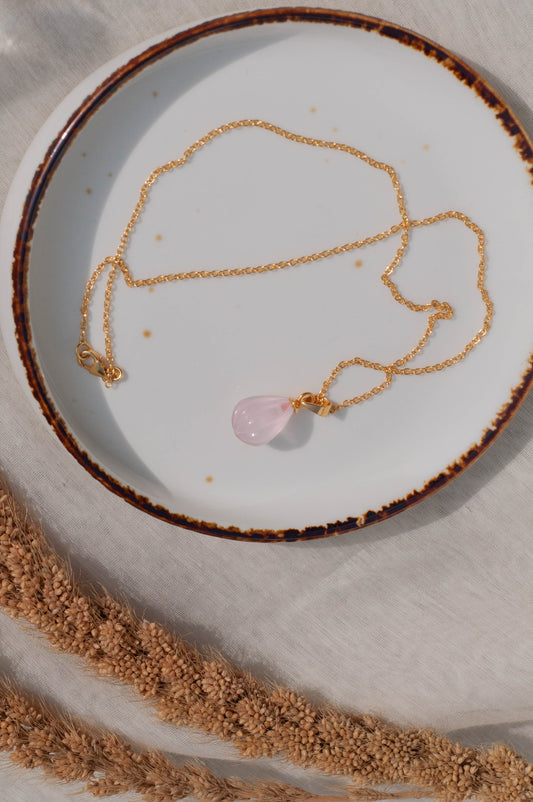 Rose Quartz hand carved pendant with adjustable gold polished silver chain with spring lock